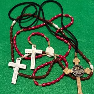RED AND BROWN BEADED ROSARIES WITH WHITE CROSS